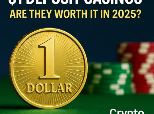 Illustration of $1 deposit in crypto gambling with golden coin, dice, and chips