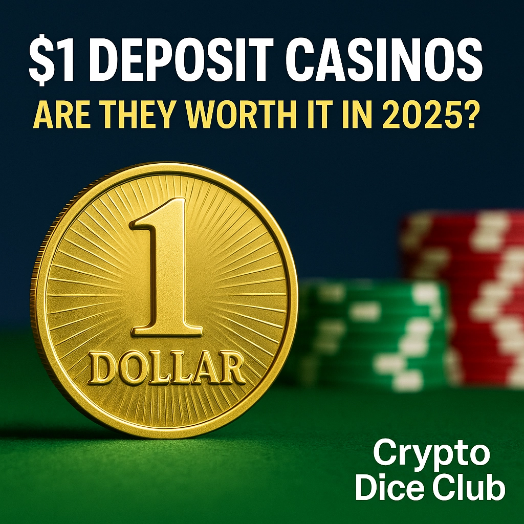 Illustration of $1 deposit in crypto gambling with golden coin, dice, and chips