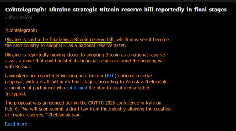 UKRAINE REPORTEDLY IN FINAL STAGES OF IMPLEMENTING A STRATEGIC BITCOIN RESERVE