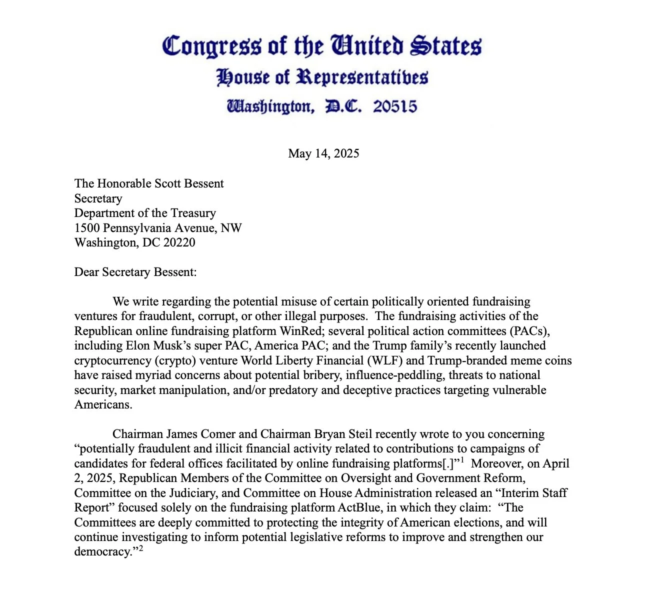 Top Democrats Demand Treasury Info on Trump’s Crypto Deals, Citing ‘Bribery’ Risks