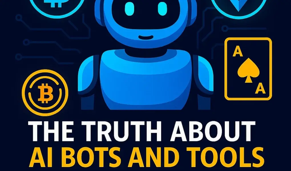 CryptoDiceNews robot analyzing gambling data with Bitcoin and poker elements