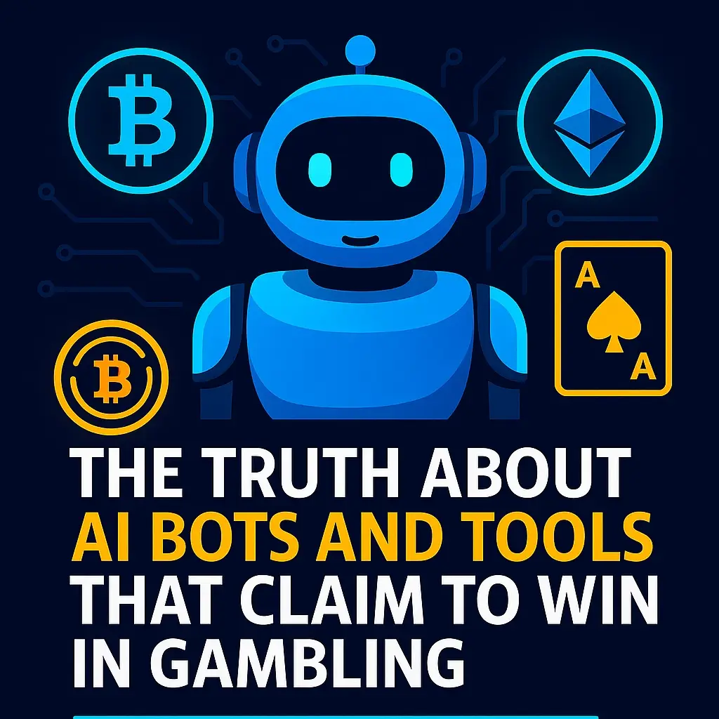 CryptoDiceNews robot analyzing gambling data with Bitcoin and poker elements