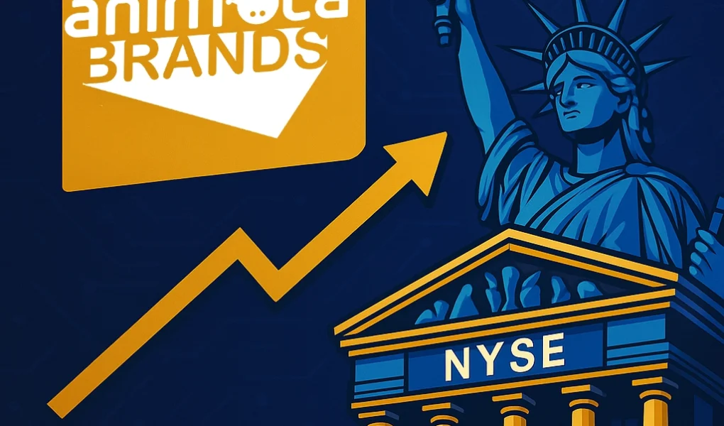 Animoca Brands logo with the Statue of Liberty and NYSE symbolizing potential US stock market entry