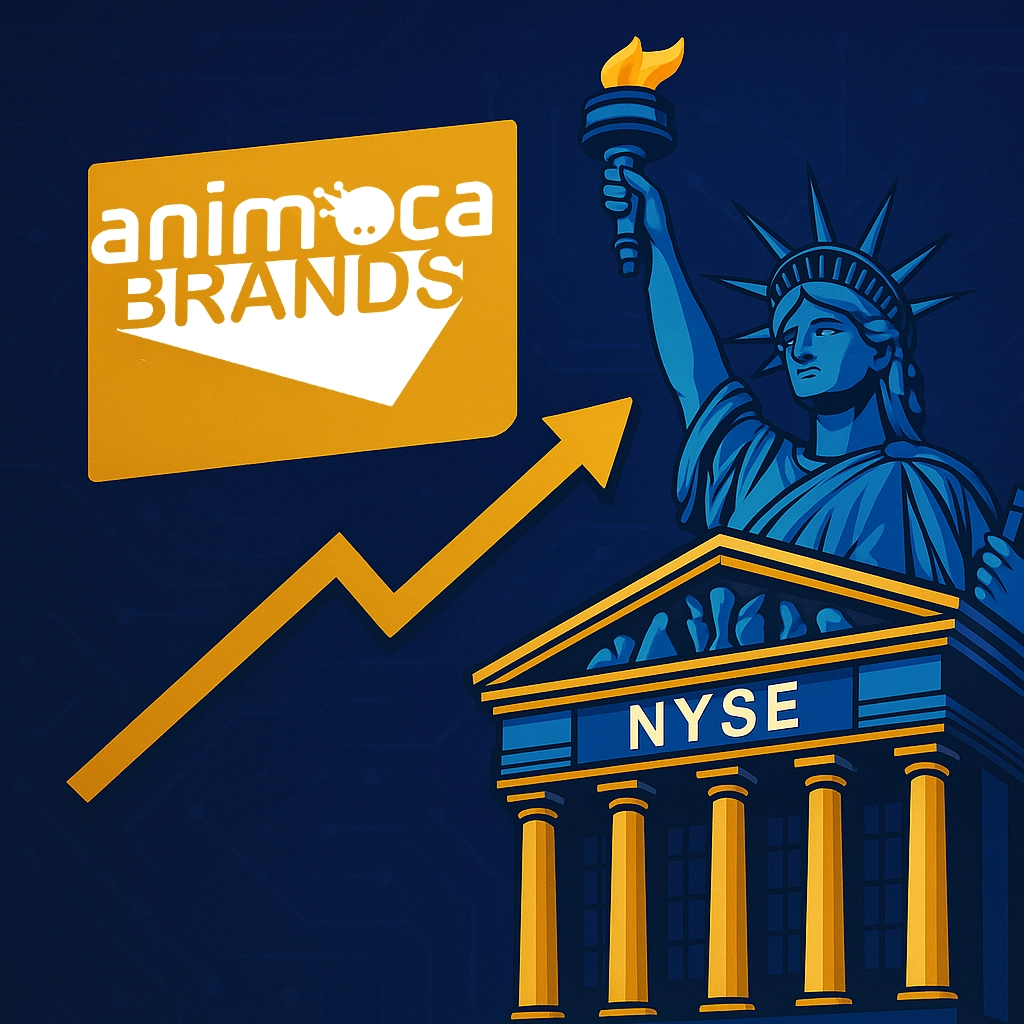 Animoca Brands logo with the Statue of Liberty and NYSE symbolizing potential US stock market entry