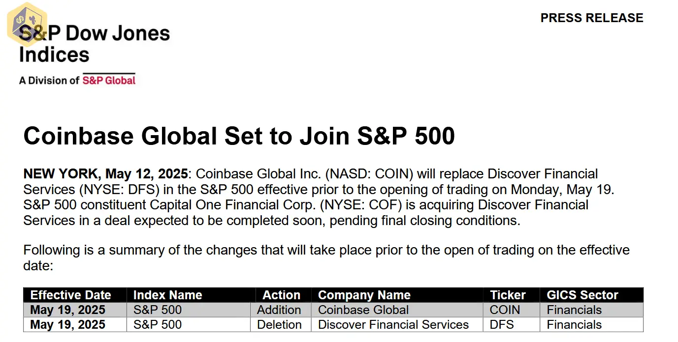 Coinbase's logo alongside the S&P 500 symbol, emphasizing financial innovation and mainstream acceptance.