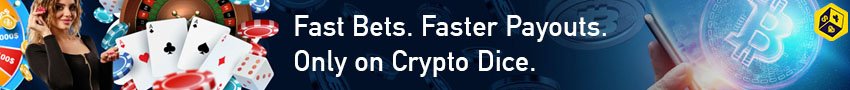 Crypto Dice banner with casino chips, dice, and Bitcoin logo representing crypto gambling games