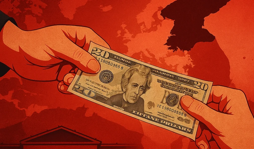 Stylized digital illustration of two hands exchanging US dollar bills, symbolizing off-chain crypto laundering activity in the Xinbi Guarantee case