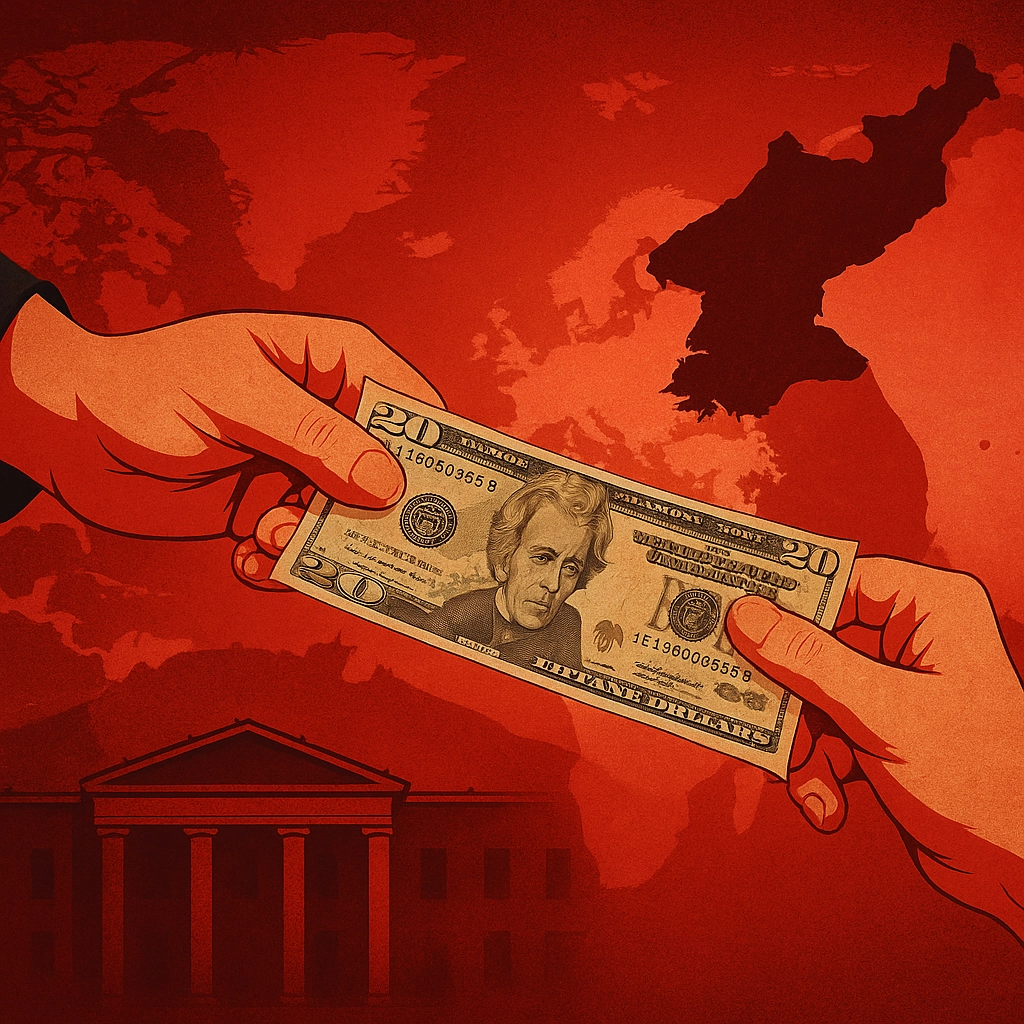 Stylized digital illustration of two hands exchanging US dollar bills, symbolizing off-chain crypto laundering activity in the Xinbi Guarantee case