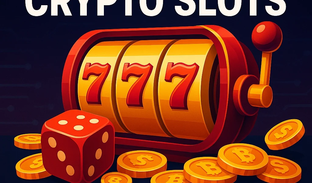 A digital slot machine with 777, surrounded by Bitcoin coins and a red dice, branded with CryptoDice logo