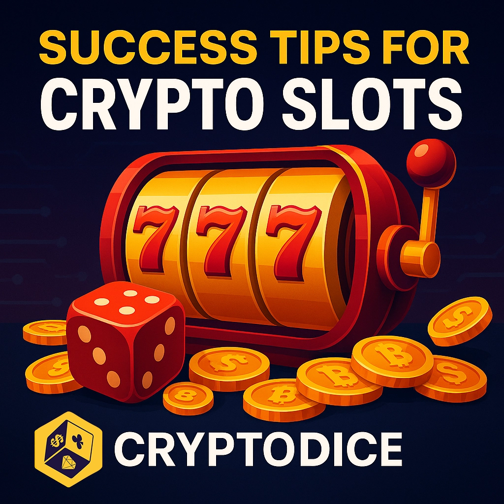 A digital slot machine with 777, surrounded by Bitcoin coins and a red dice, branded with CryptoDice logo