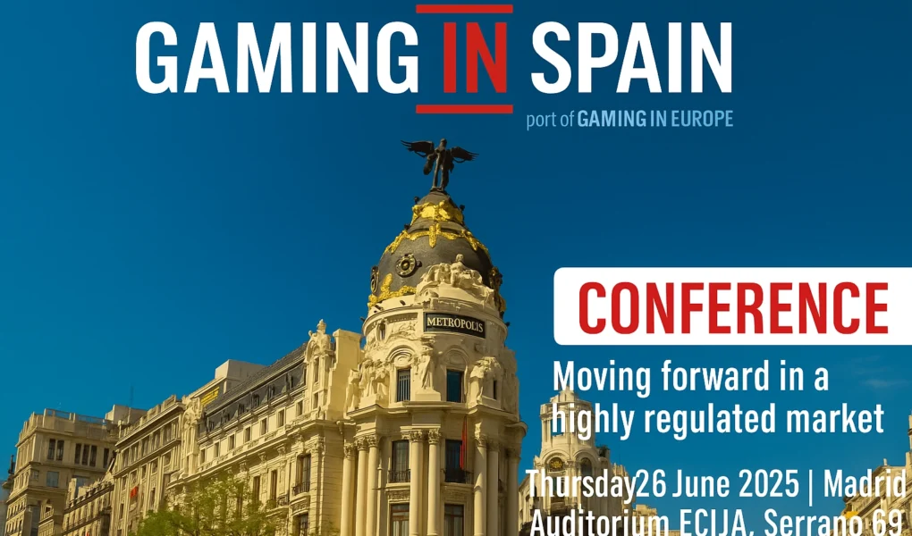 Banner for Gaming in Spain 2025 Conference with Madrid’s Metropolis Building and event details
