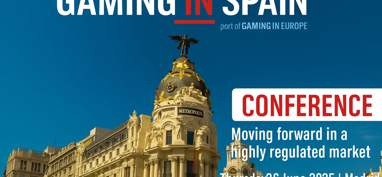 Banner for Gaming in Spain 2025 Conference with Madrid’s Metropolis Building and event details