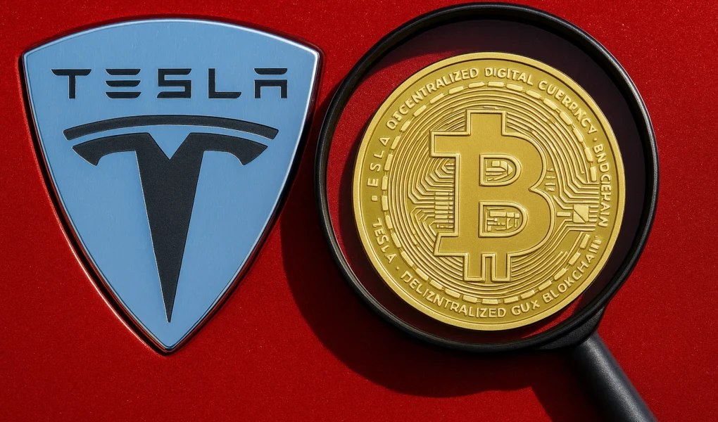 Tesla logo and a magnified Bitcoin coin representing the misleading Tesla Crypto Coin