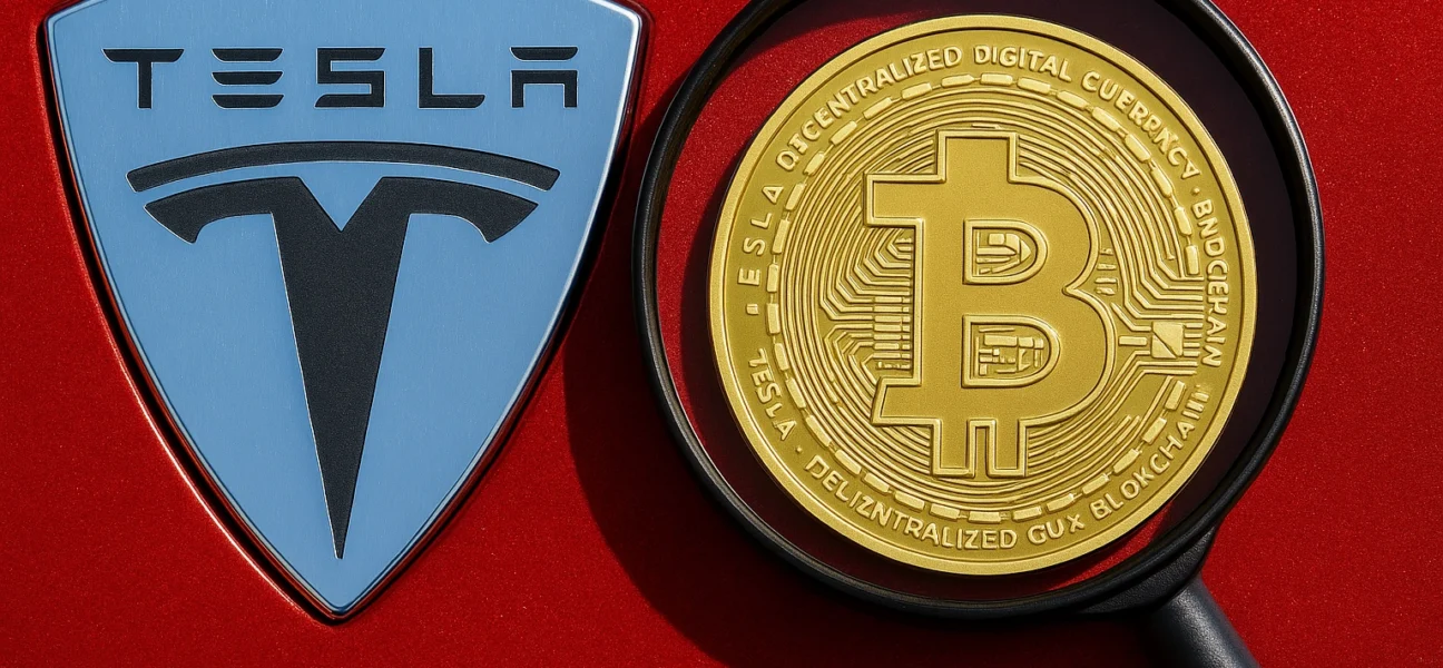 Tesla logo and a magnified Bitcoin coin representing the misleading Tesla Crypto Coin
