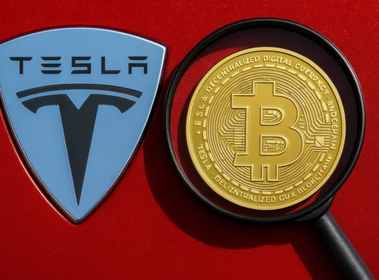 Tesla logo and a magnified Bitcoin coin representing the misleading Tesla Crypto Coin