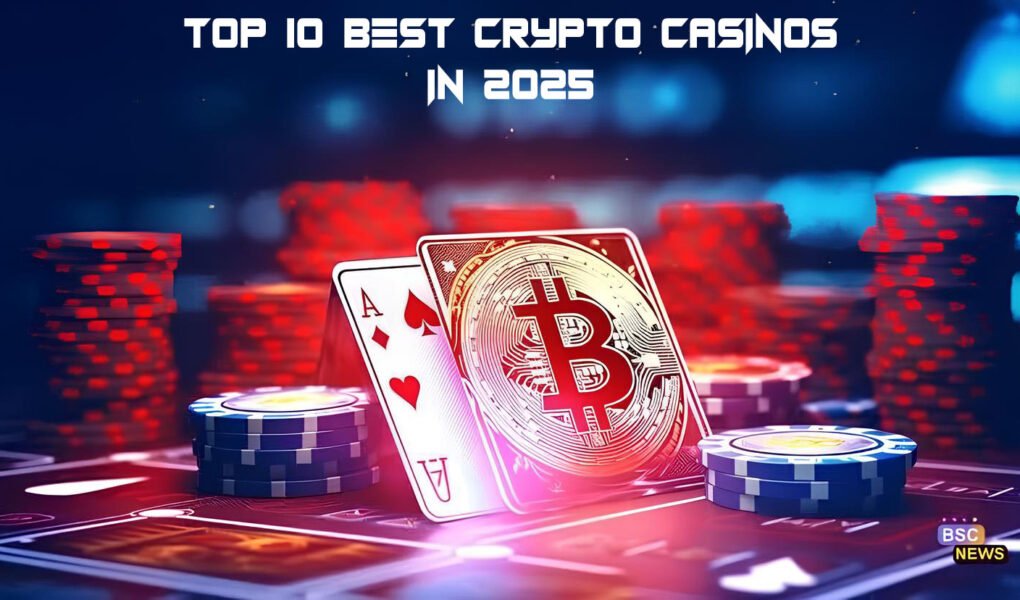 Illustration showing Top 10 Crypto Casinos with Bitcoin and Ethereum logos in a futuristic gambling interface, 2025