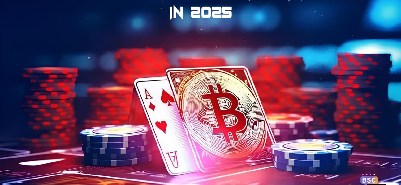 Illustration showing Top 10 Crypto Casinos with Bitcoin and Ethereum logos in a futuristic gambling interface, 2025