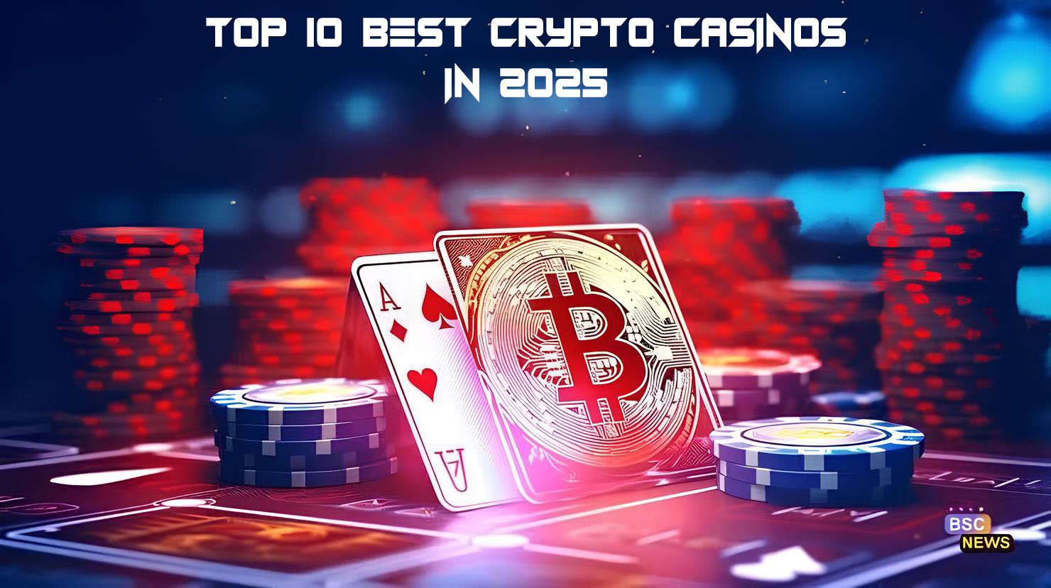 Illustration showing Top 10 Crypto Casinos with Bitcoin and Ethereum logos in a futuristic gambling interface, 2025