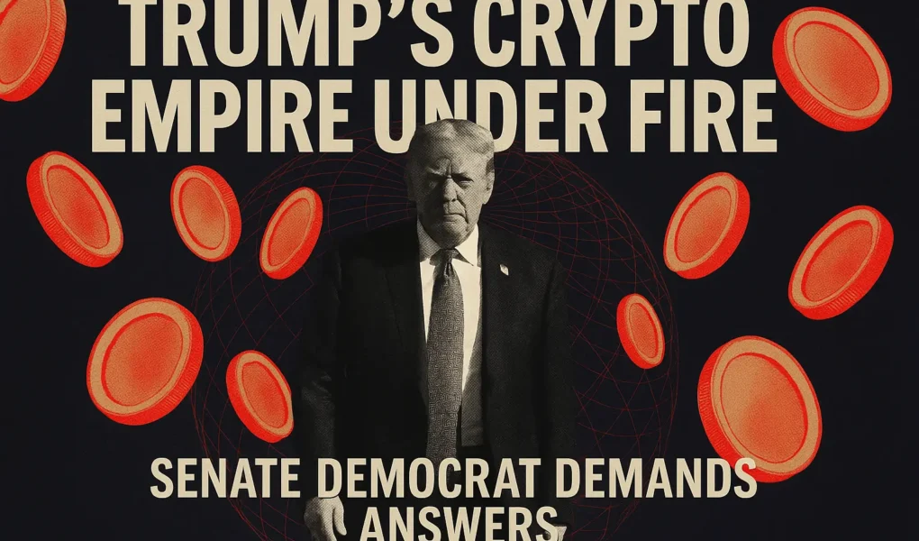 Donald Trump surrounded by glowing crypto coins under investigation