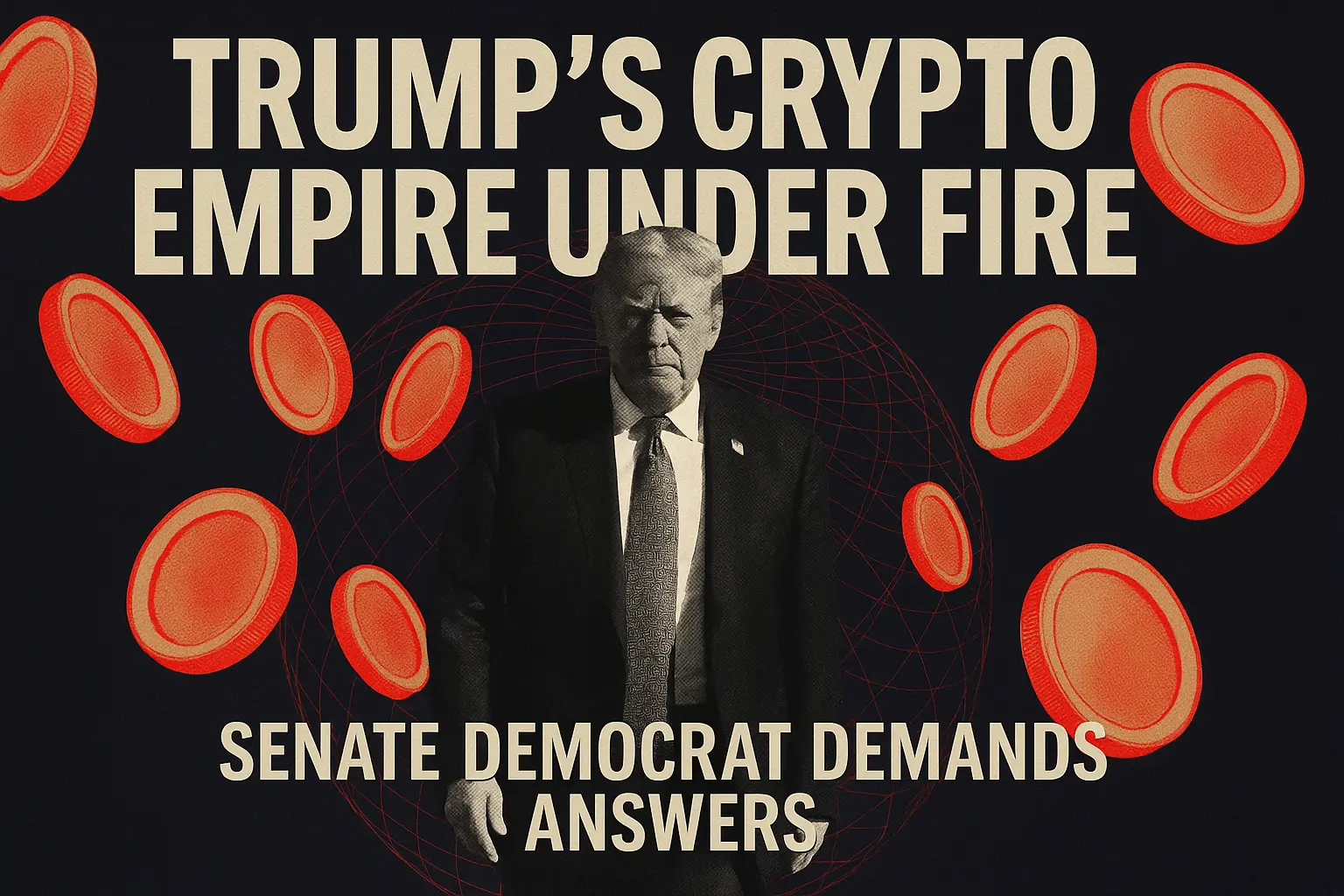 Donald Trump surrounded by glowing crypto coins under investigation
