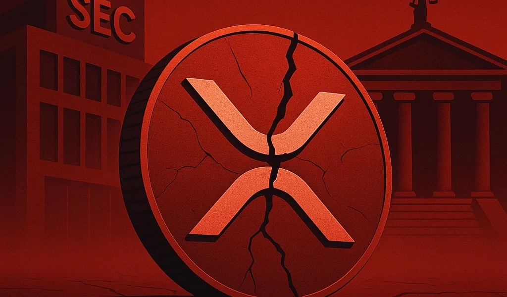 Cracked XRP coin on a red background with SEC headquarters and a courthouse behind it, symbolizing legal and regulatory tension