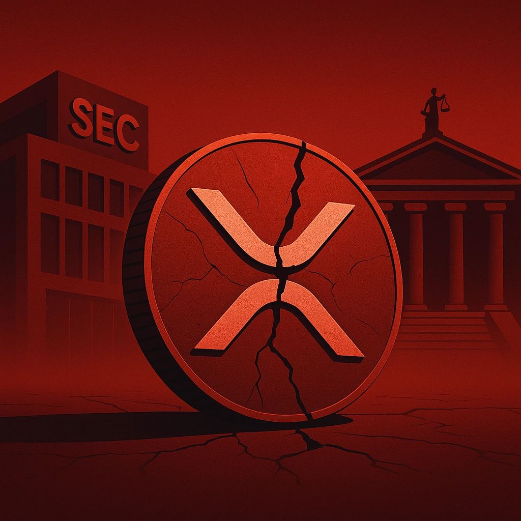 Cracked XRP coin on a red background with SEC headquarters and a courthouse behind it, symbolizing legal and regulatory tension